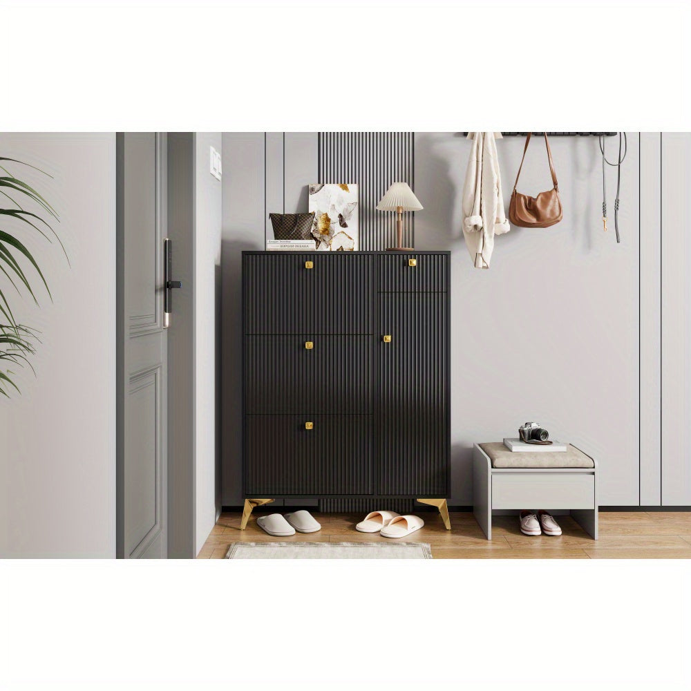 Schoenenkast – Schoenenrek – Schoenenopberger – Halbank – Opbergkast – Ruimtebesparend – Kunststof Zwart – 121x90x25 cm – Smal Modern Design