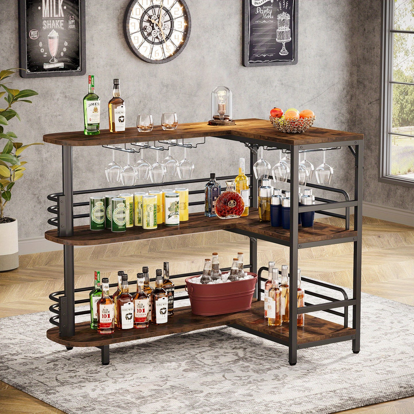L-vormige Home Bar Unit – Hoekbar – Drankkast – Wijnrek – Barkeuken Meubel – 3 Etages Met Opbergrekken – Inclusief Wijn- En Wijnglashouder – Industrieel Rustiek Bruin