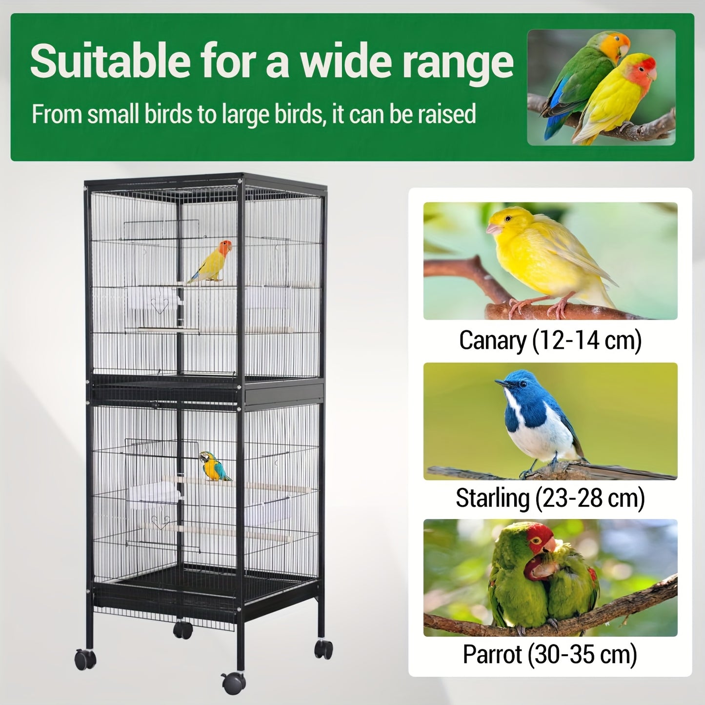 Large Bird Cage with Slide-Out Tray & Removable Panels, 4-Door Access, Wooden Perches, Detachable Base & Feeder/Water Bottle System - Easy Assembly for Parrots, Cockatiels, Lovebirds, Pigeons, Small/Medium Birds - for parakee