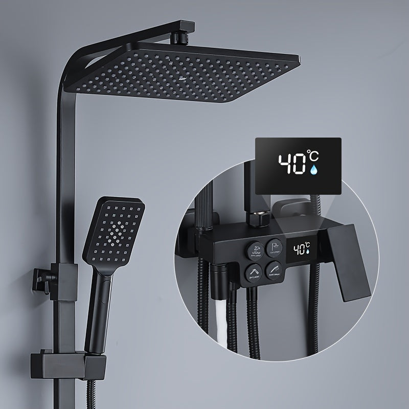 Doucheset – Douche Systeem – Regendouche – Handdouche – Baduitloop – Zwart – Vierfuncties Thermostaatkraan – Digitaal Temperatuur Display