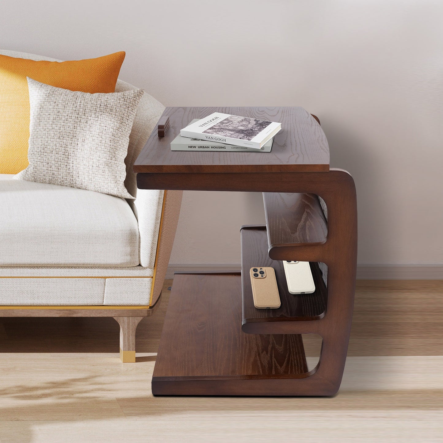 Mobiele Bijzettafel – Sofa Trolley – Bedtafel – Laptop Tafel – Opbergrek – 4 Lagig – Verstelbaar Bovenblad – Houtlook Bruin