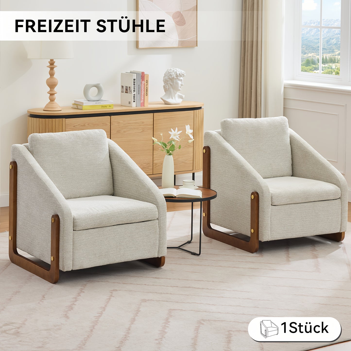 Fauteuil – Accentstoel – Lounge Stoel – Moderne Stoel – Zithoekstoel – Beige Chenille – Houten Armleuningen – Comfortabel Rugkussen