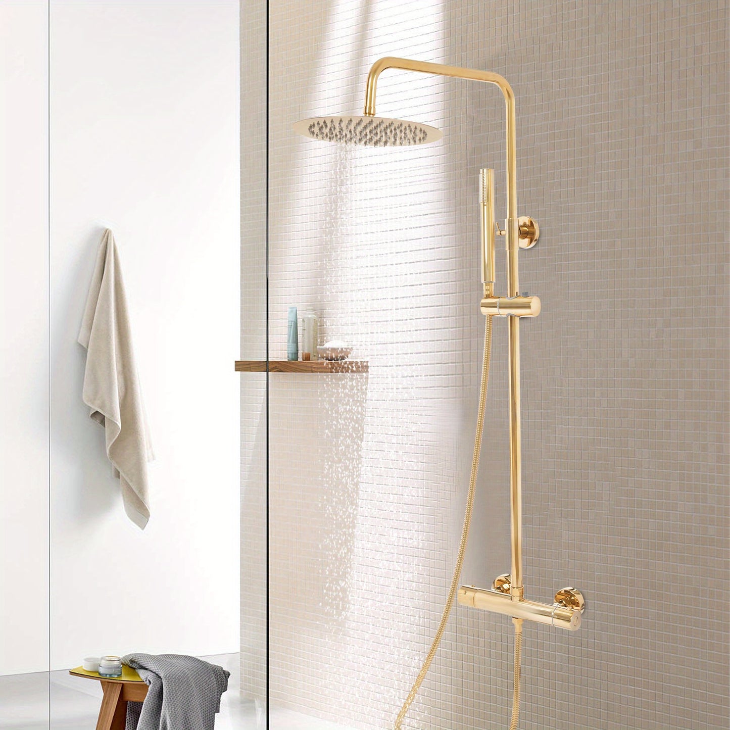 Doucheset – Regendouche – Douchekolom – Douchegarnituur – Shower Set – Thermostatisch – 25 cm Rond – Goud – Koper – Antikalk – Verstelbaar
