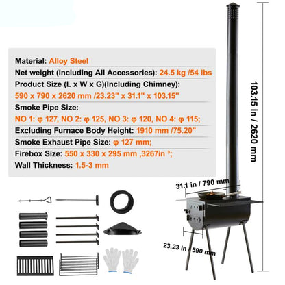 Campingkachel – Outdoor Oven – Draagbare Kachel – Kampeerkachel – Roestvrij Staal – Grote Vuurkist – Meegeleverde Handschoenen