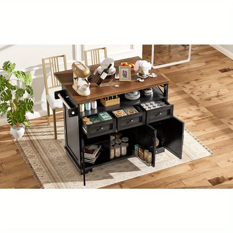 Modern Kitchen Island Cart 118x43x80x98cm - Metal Frame with Wood Grain Black Finish, 4 Locking Wheels, Removable Partitions & Towel Holder, Multifunctional Storage Cabinet for Dining & Living Spaces, Kitchen Furniture, Versa