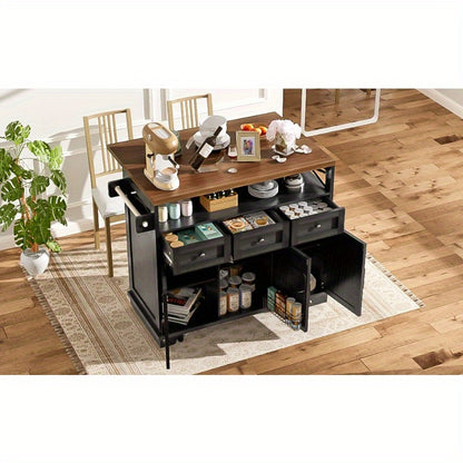 Modern Kitchen Island Cart 118x43x80x98cm - Metal Frame with Wood Grain Black Finish, 4 Locking Wheels, Removable Partitions & Towel Holder, Multifunctional Storage Cabinet for Dining & Living Spaces, Kitchen Furniture, Versa