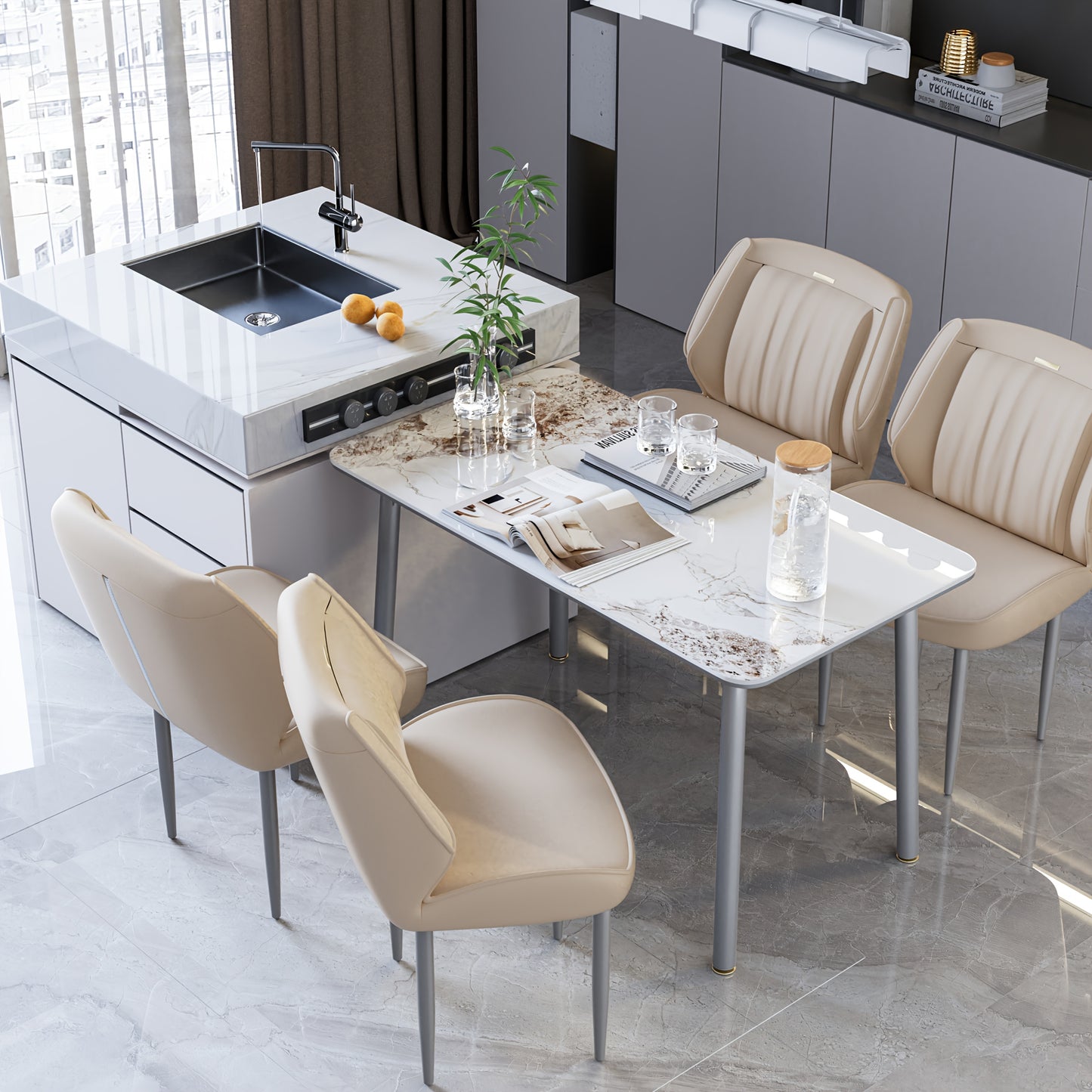 Fativo Set Of 2 Luxury Dining Chairs: Contemporary PUr Upholstered Seat Side Chairs Wide Backrest Light Khaki/ Dark Grey Dining Room Chairs With Armless Gun-gray Metal Legs For Bedroom, Restaurant, Beauty Salons, Hotels