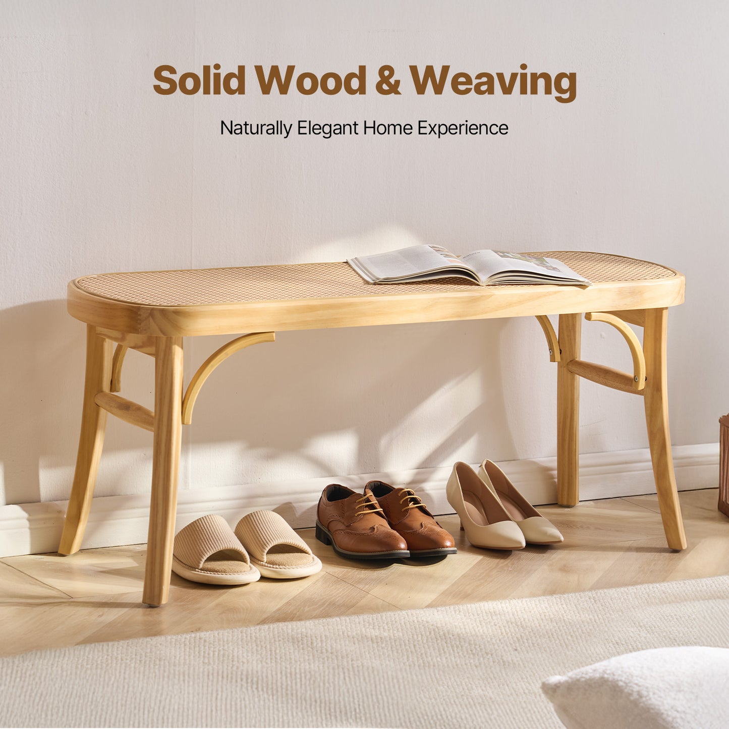 Rotan Bankje – Rieten Zitbank – Rattan Bank – Houten Bankje – 115 cm Lengte – Handgeweven Rotan – Stevig Houten Frame