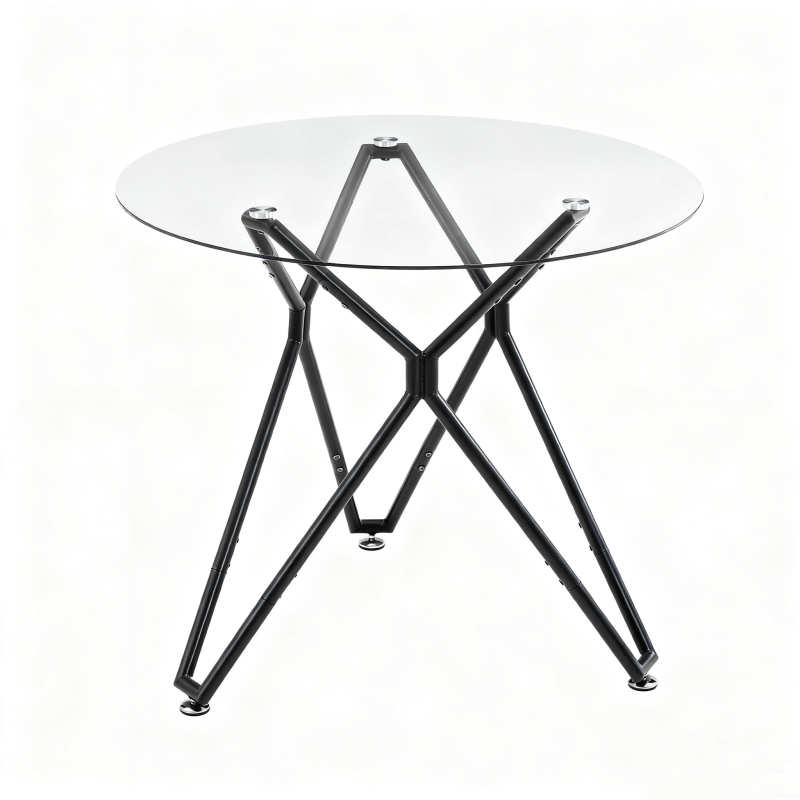 Ronde Eettafel – Eettafel Glas – Tafel Klein – Ronde Tafel – Keukentafel Zwart Metaal – 90 cm Diameter – Gehard Glasblad – Stevig Metalen Onderstel