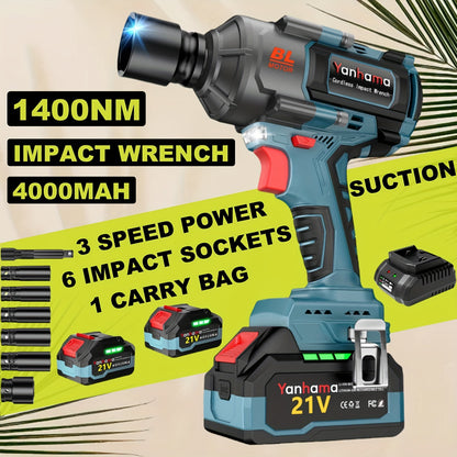 Elektrische Slagschroevendraaier – Slagschroevendraaier Accu – Impact Wrench – Draadloze Schroevendraaier – Slagmoersleutel – 1400 Nm Koppel – 2x 21V 4000mAh Accu’s – LED Werkverlichting – 3 Snelheidsinstellingen – Blauw