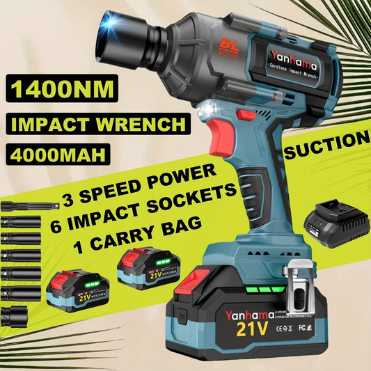 Elektrische Slagschroevendraaier – Slagschroevendraaier Accu – Impact Wrench – Draadloze Schroevendraaier – Slagmoersleutel – 1400 Nm Koppel – 2x 21V 4000mAh Accu’s – LED Werkverlichting – 3 Snelheidsinstellingen – Blauw