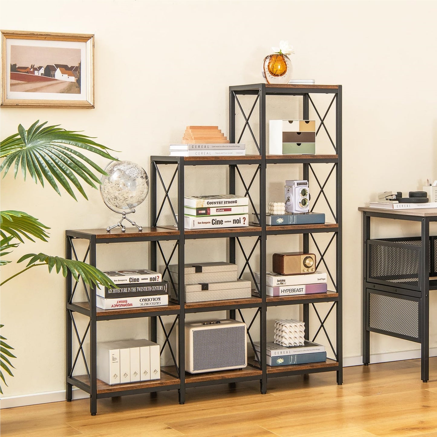 Boekenkast – Boekplank – Opbergkast – Vakkenkast – Staande Kast – Carbonstalen Frame – 12 Open Vakken – Industrieel Vintage Bruin – 115 x 30 x 130 cm