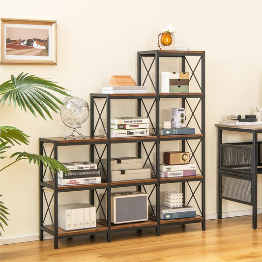 Boekenkast – Boekplank – Opbergkast – Vakkenkast – Staande Kast – Carbonstalen Frame – 12 Open Vakken – Industrieel Vintage Bruin – 115 x 30 x 130 cm