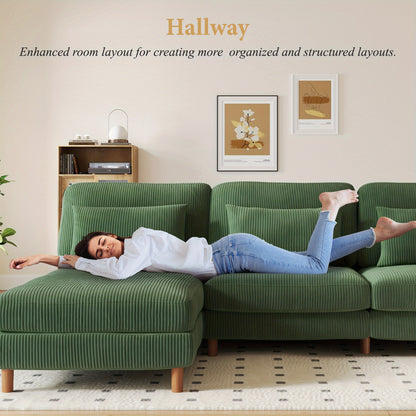 Hoekbank – Modulaire Bank – L-vormige Bank – Zitsalon – Loungeset – 256 cm Extra Lang – Ergonomisch Comfort – Corduroy Stof – Massief Houten Frame – Afneembare Wasbare Kussens