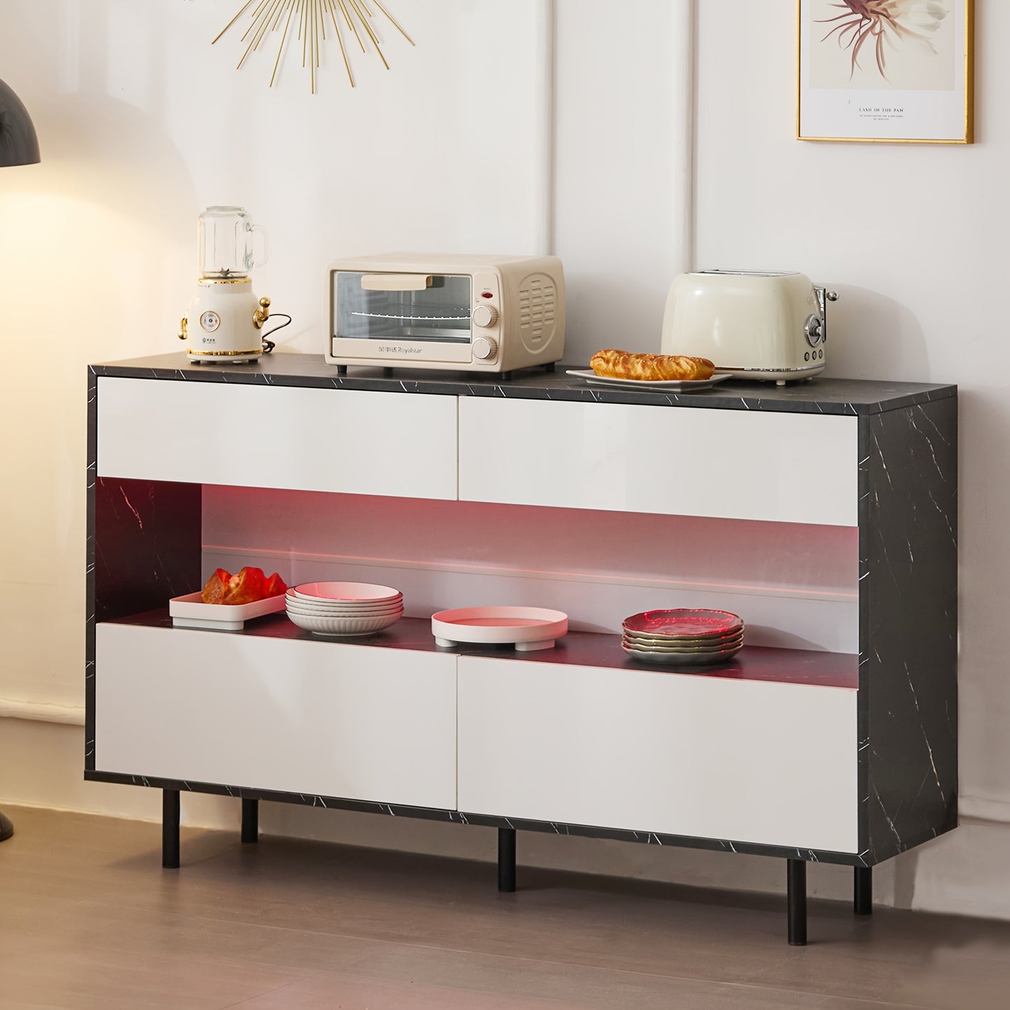 150 X 35 X 89.5 Cm Black Marble Design Sideboard With Open Storage Space, 4 Drawers, Sturdy Metal Frame And Anti-tilt Protection, Elegant Storage Furniture For The Kitchen And Living Room