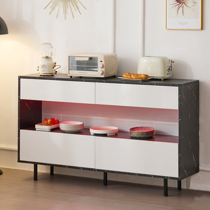 150 X 35 X 89.5 Cm Black Marble Design Sideboard With Open Storage Space, 4 Drawers, Sturdy Metal Frame And Anti-tilt Protection, Elegant Storage Furniture For The Kitchen And Living Room