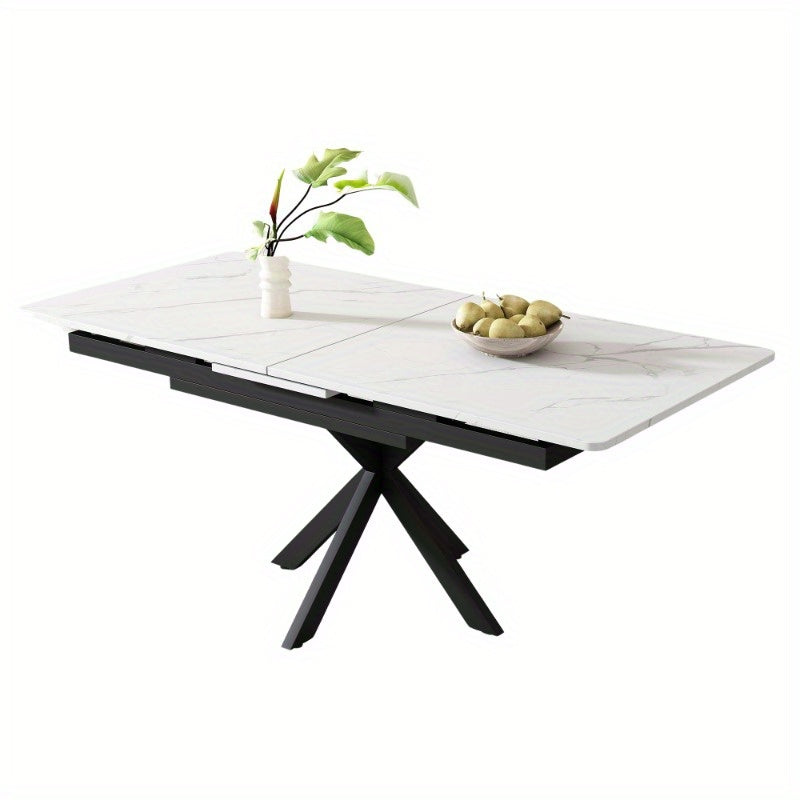 Verstelbare Eettafel – Zelf Uitbreidbare Tafel – Rechthoekige Koffietafel – Vrije Tijd Tafel – Eetkamer Tafel – Marmerlook Bovenblad – Kruisvormig Metaal Onderstel