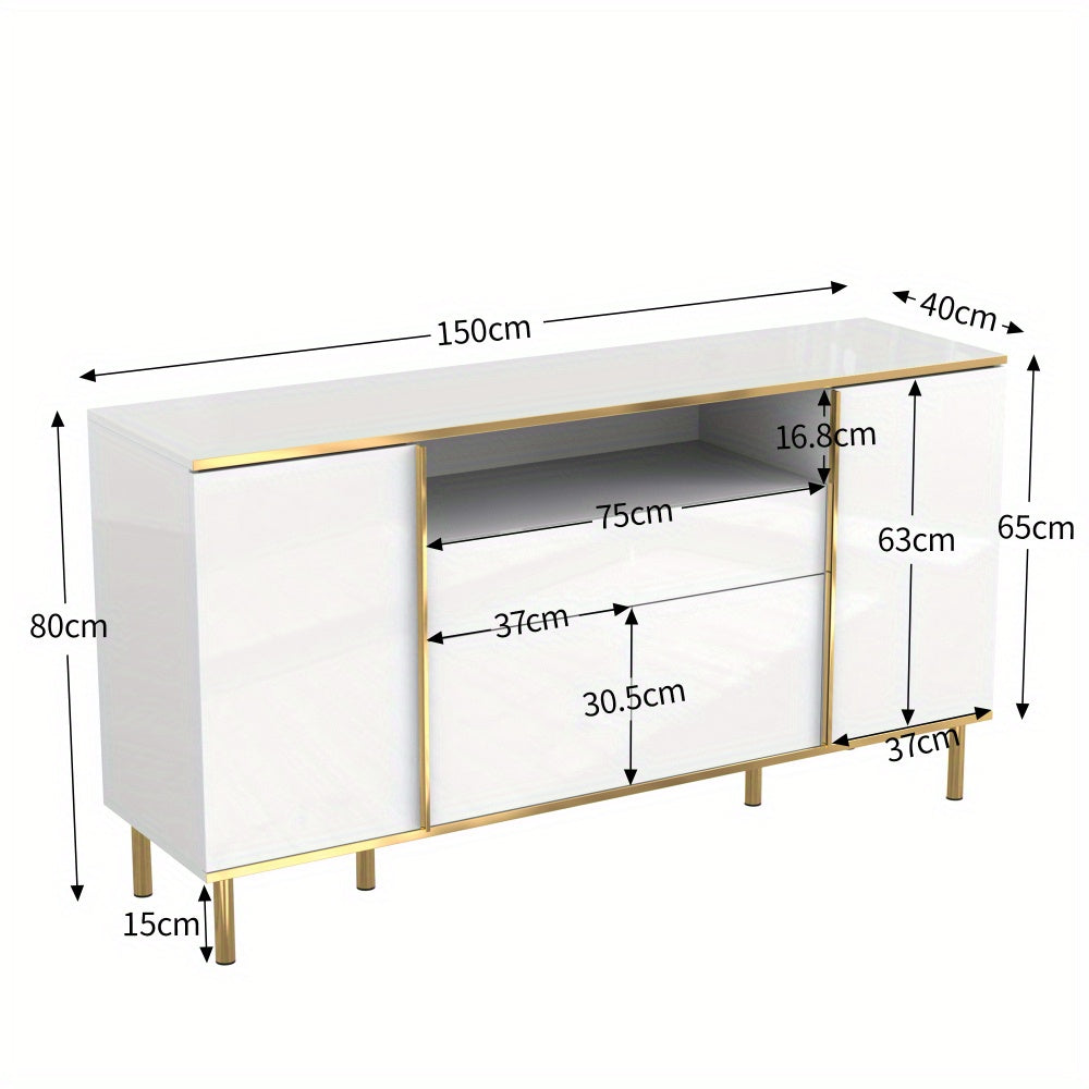 Dressoir – Sideboard – Kast – Opbergmeubel – Ladekast – Hoogglans Wit Met Gouden Accenten – 4 Deuren En 1 Lade – Ruime Opbergruimte – Compact Formaat 59x31x75 cm