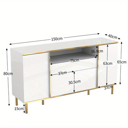 Dressoir – Sideboard – Kast – Opbergmeubel – Ladekast – Hoogglans Wit Met Gouden Accenten – 4 Deuren En 1 Lade – Ruime Opbergruimte – Compact Formaat 59x31x75 cm