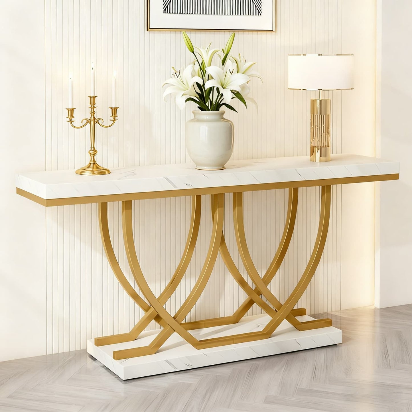 Sidetable – Consoletafel – Wandtafel – Haltafel – Bijzettafel – Wit Kunstmarmerblad – Gouden Metalen Onderstel – Stevig Hardhout & MDF – Vrijstaand & Ruim 150x35 cm