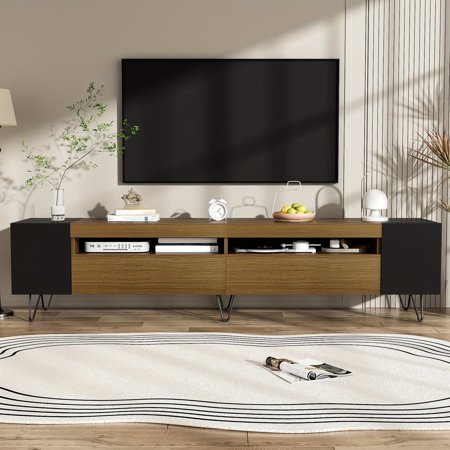 Modern TV Stand 180cm - Black & Wood Finish Engineered Wood & Composite Construction, Minimalist Design with Open Shelves & Closed Storage, Sturdy Metal Legs for Living Room, Bedroom, Home Theater, Tv Table for Living Room