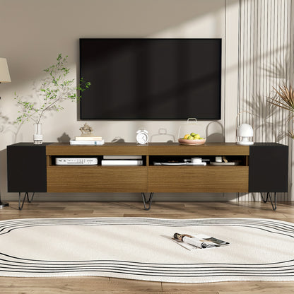 Modern TV Stand 180cm - Black & Wood Finish Engineered Wood & Composite Construction, Minimalist Design with Open Shelves & Closed Storage, Sturdy Metal Legs for Living Room, Bedroom, Home Theater, Tv Table for Living Room