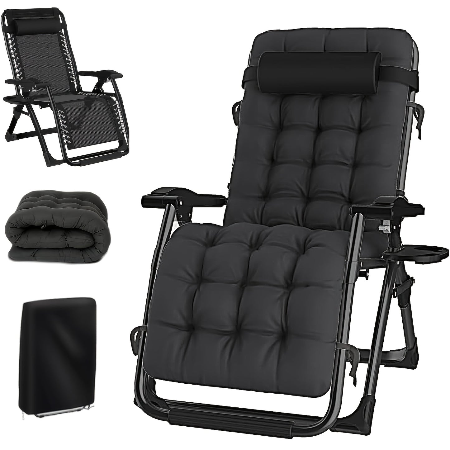 Outdoor Oversized Folding Sun Lounger, Patio Garden Chair with Cushion, Adjustable Recliner for Patio, Garden, Beach, Pool | Supports 250kg, Thick Padding & Neck Rest Pillow, Outdoor Chair, Patio Furniture, Poolside Lounger,