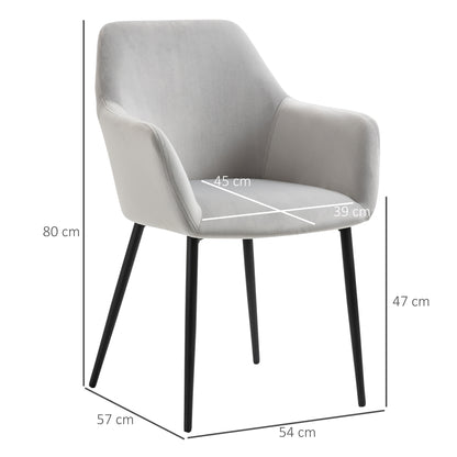 Eetkamerstoel – Stoel – Dining Chair – Stoel Met Rugleuning – Velours Stoel – Set van 2 – Lichtgrijs – Fluwelen Bekleding – Stalen Poten – Ergonomisch Design – 54x57x80 cm