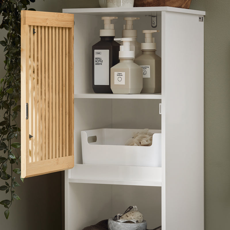 Badkamerkast – Kolomkast – Opbergkast – Hoge Kast – Badmeubel – 33x33x165 cm – MDF & Bamboe – Vochtbestendig & Anti-Kantelbeveiliging