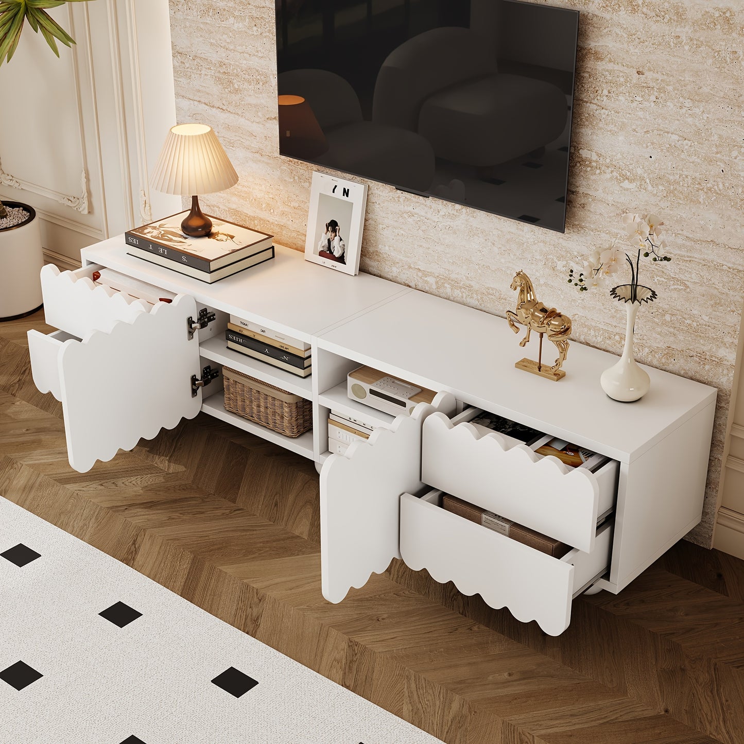 tv meubel – tv kast – tv stand – lowboard – media meubel – wit – modern geschulpte afwerking – bamboe materiaal – 4 lades – 2 kastdeuren – vloerstaand