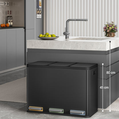 Afvalemmer – Prullenbak – Pedaalemmer – Afvalscheidingsprullenbak – Vuilnisbak – 3 vakken 45 liter – RVS met Softclose en kleurgecodeerde pedalen