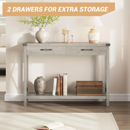 Industrial 78.74cm Console Table with Drawers & Open Shelf - Solid Narrow Sofa Table, Grey/Black-Finished Entryway Hall Table, Space-Saving 2-Tier for Living Room, Corridor, No Assembly Required (Modern Farmhouse Style)