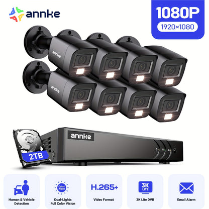 bewakingscamera set – beveiligingscamera systeem – CCTV camera kit – camerabewaking – surveillance set – 8x 1080p camera’s met nachtzicht tot 20 meter – 16-kanaals DVR recorder met 2TB HDD en AI mens-/voertuigdetectie