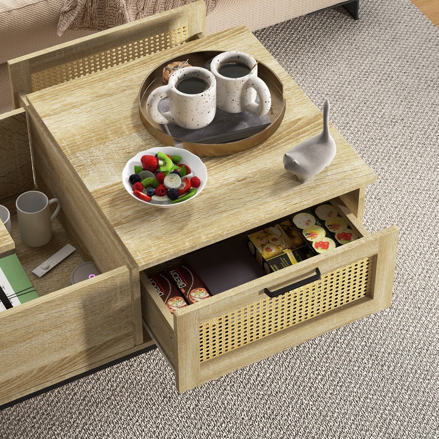 Salontafel – Koffietafel – Woonkamertafel – Bijzettafel – Tafelblad Met Verhoger – 2 Grote Lades – Stalen Poten – 106 x 56,3 x 48 cm – Natuurlijke Houtlook