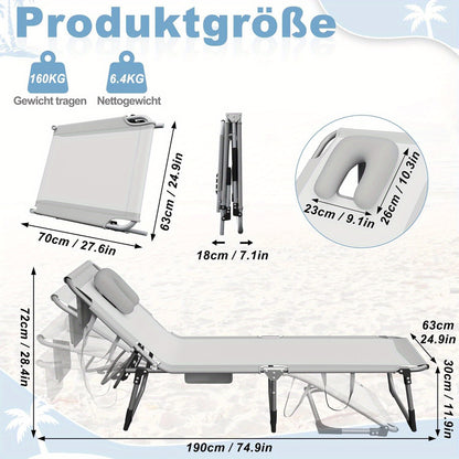 Ligstoel – Relaxstoel – Tuinstoel – Inklapbare Stoel – Ligbed – Stevig Kunststof Frame – Handmatig Verstelbare Rugleuning – Compact Opvouwbaar – Comfortabel Hoofdkussen – Lichtgrijs