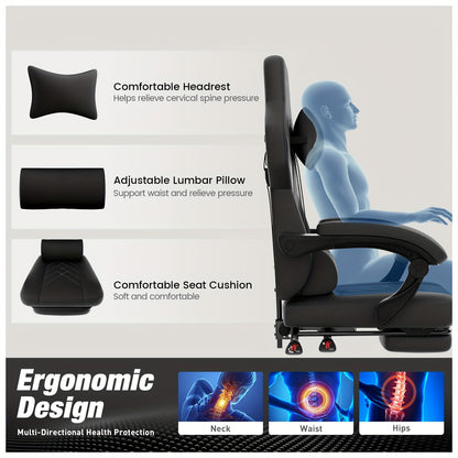Gamingstoel – Gamestoel – Gaming Chair – Gamestoel Bureaustoel – Ergonomisch Design – Verstelbare Rugleuning 90°-135° – Inklapbare Voetensteun – PU-Leder Grijs