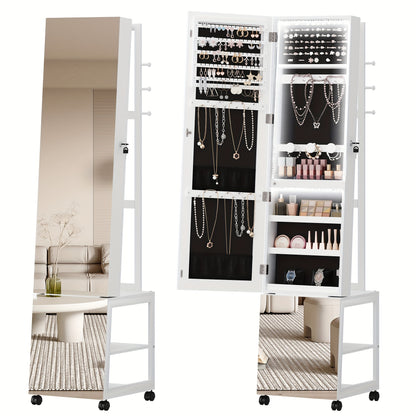 Sieradencabinet – Sieradendoos – Sieradenkast – Make-up Organizer – Opbergmeubel – Met Led-lichtbalken – Volledige Spiegel – Wit Zwart – Vergrendelbaar Met Wieltjes – Hoogwaardige MDF Uitvoering