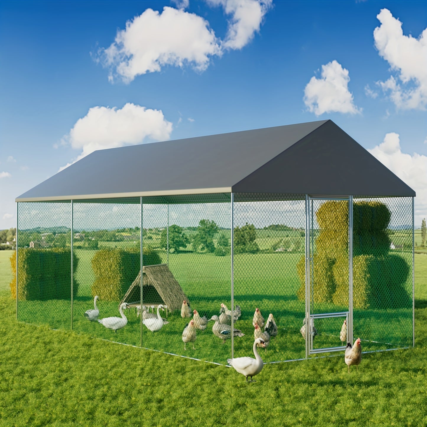 Kippenren – Kippenhok – Pluimveestal – Buitenren – Dierenren – 12 m² – Gegalvaniseerd Metaal – Waterdicht & UV-bestendig Dak
