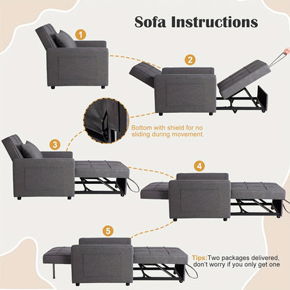 3-in-1 Slaapstoel – Slaapbank – Loungestoel – Relaxzetel – Opklapbare Stoel – Verstelbare Rugleuning 90°-180° – Stevig Metalen Frame – Donkergrijs Linnen