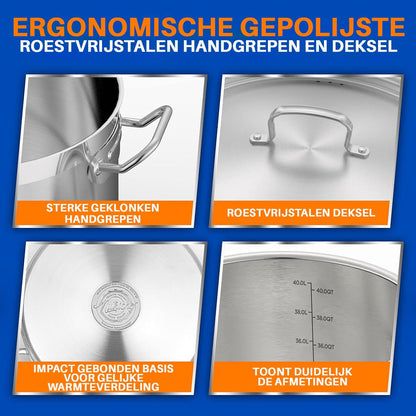 Soepketel – Soeppan – Kookpan – Stoofpan – Braadpan – 40 Liter – RVS – Geschikt voor Inductie