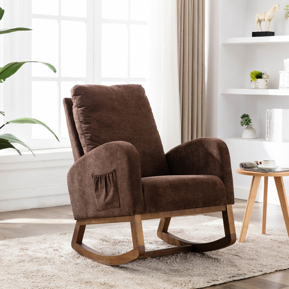 Schommelstoel – Relaxstoel – Fauteuil – Loungestoel – Accentstoel – Mid-Century Modern Design – Hoog Gewatteerd Rugkussen – Koffiebruin Met Memory Foam