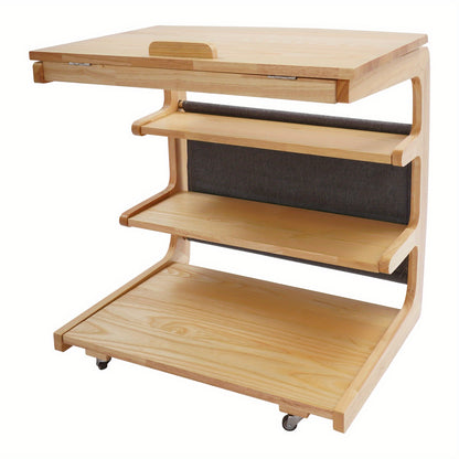 TOOL1SHOOO Modern C-Shaped Pulley Side Table with Lockable Castors, 4-Tier Storage Shelf & Adjustable Tabletop - Heavy-Duty Wooden Mobile Cart with Smooth-Glide Mechanism, Space-Saving Design for Living Room, Bedroom, Home Of