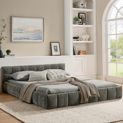 Bedframe – Tweepersoonsbed – Dubbelbed – Slaapbank – Eenpersoonsbed – Chenille Bekleding – 140x200 cm – Ecologisch Eucalyptus Hout – Stabiel IJzeren Frame – Donkergrijs – Eenvoudige Montage