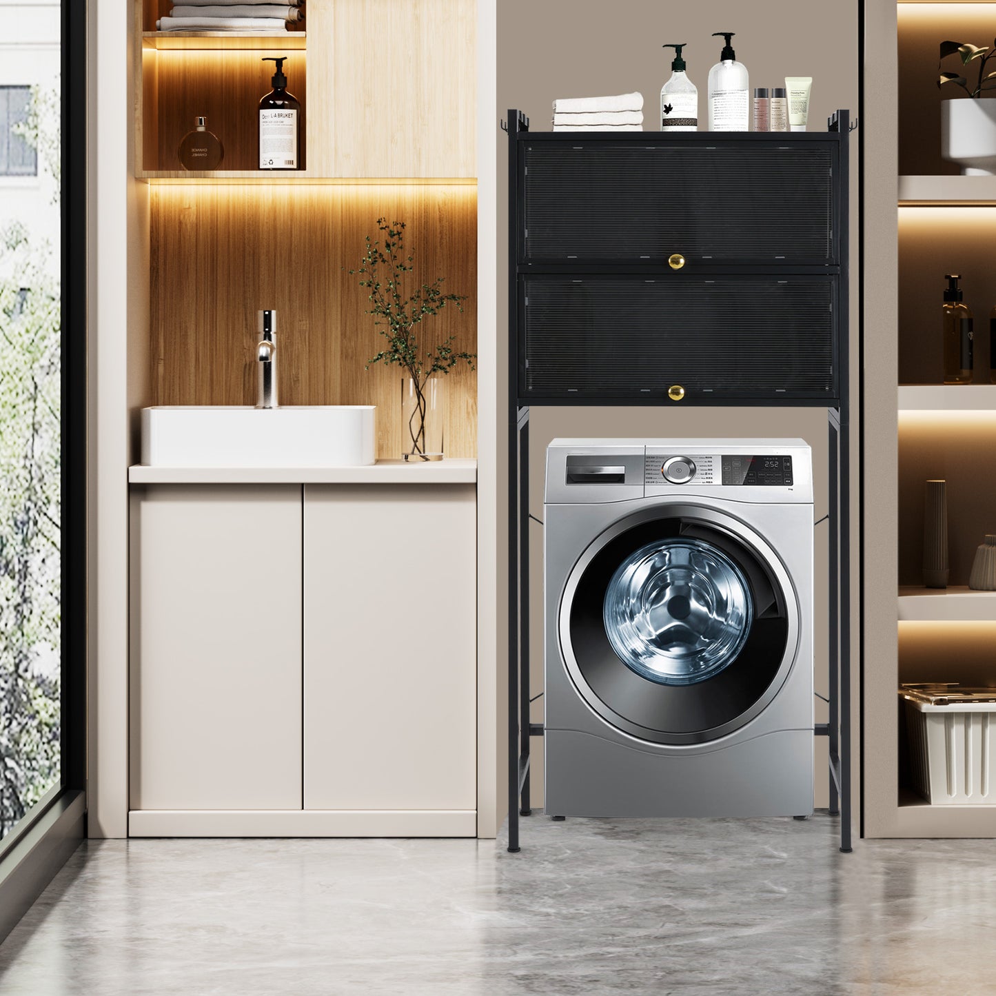 Wasmachine Meubel – Wasmachine Kast – Wasmachine Ombouw – Wasmachine Opbergrek – Wastafel Meubel – Zwart – 3-Lagens Opbergruimte – 6 Afneembare Haken – Carbonstaal & Kunststof – Vrijstaand – Compact 70x25x167 cm