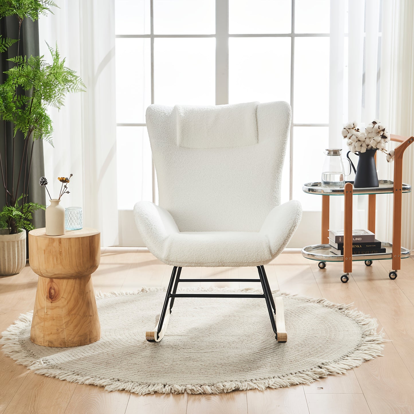 Schommelstoel – Schommelzetel – Relaxstoel – Lounge Stoel – Witte Teddy Velvet – Ergonomische Rugleuning – Stevige Kunsthouten Basis