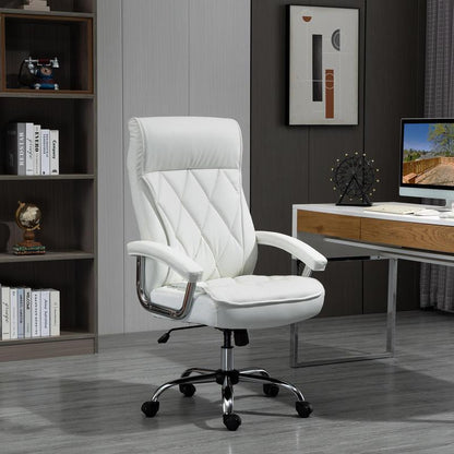 Bureaustoel – Ergonomische Stoel – Kantoormeubilair – Bureaustoel Met Wielen – Draaistoel – Verstelbare Zithoogte – Kantelfunctie – Witte Kunstleren Bekleding – Stevige Vijfwielbasis
