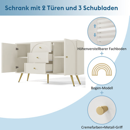 Dressoir – Kast – Ladekast – Opbergkast – Dressoir Wit – 2 Deuren en 3 Laden – Verstelbare Legplank – H84 x B140 x D40 cm