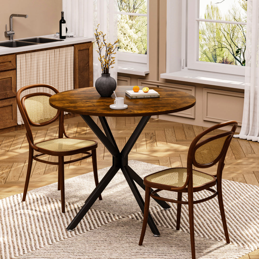 Ronde Eettafel – Eettafel Klein – Keukentafel Rond – Tafel Compact – Tafel 90 Cm – Stevige Zwarte Metalen Poten – Ruimtebesparend Bruin Spaanplaatblad