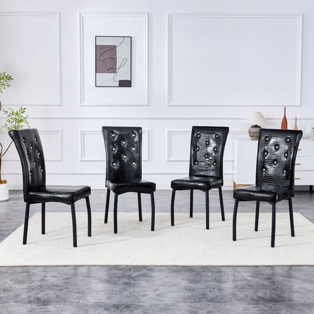 A Set of Two Black Vintage Crocodile-Patterned Upholstered Dining Chairs | Featuring Crystal Buckle Detailing And Faux Leather Accents, Lends an Air of Elegance And Mystery to The Dining Area, Suitable for Hard Floors, Wipe C