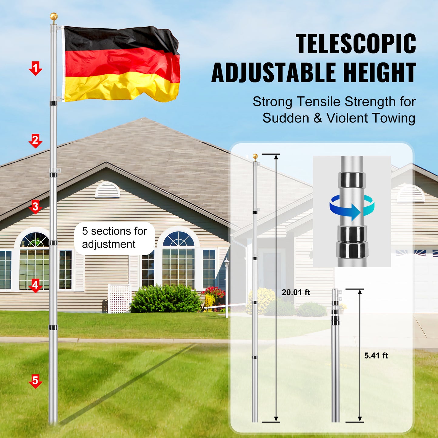 Aluminium Vlaggenmast – Telescopische Vlaggenstok – Uitschuifbare Mast – Vlaggenpaal – Buitenmast – 6 Meter Hoogte – Windbestendig & Roestvrij